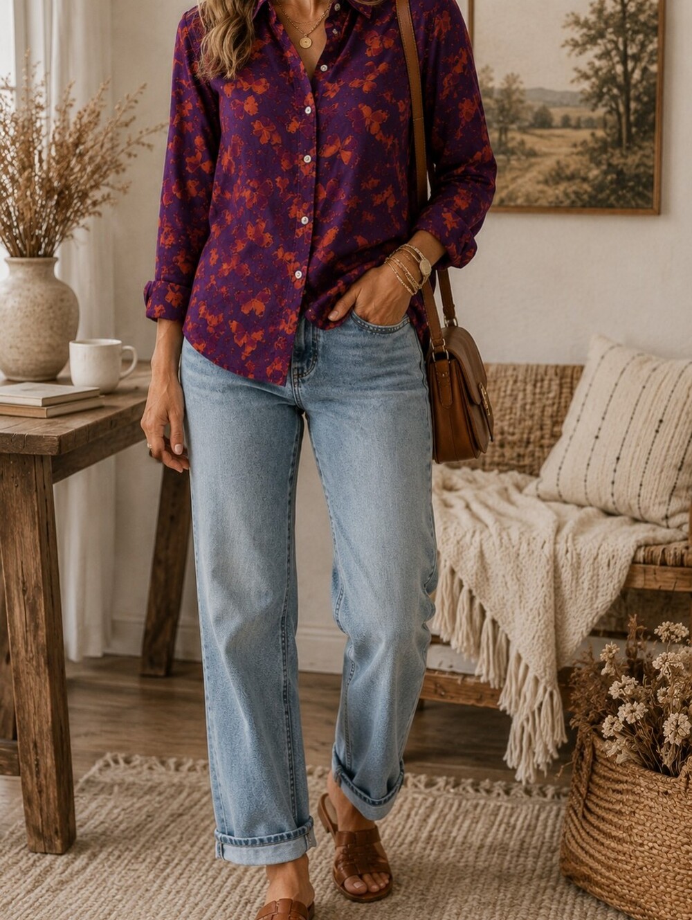 JCPenney Butterfly Print Silk Blend Button Front Shirt Women's Large Purple Oran